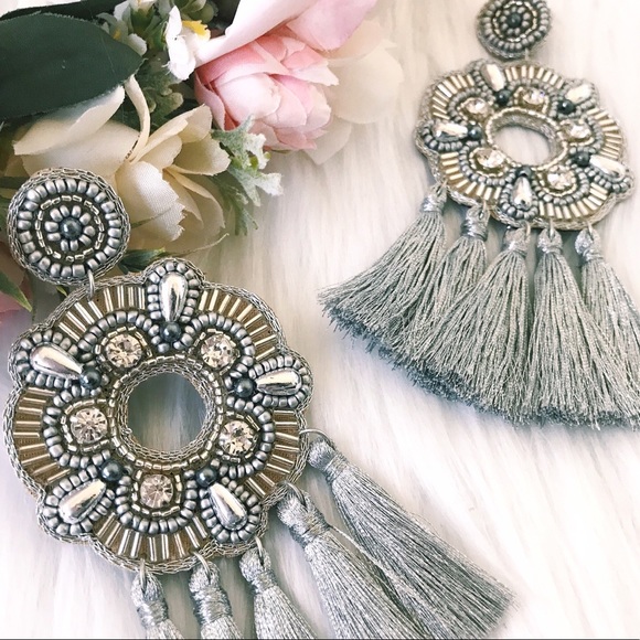 Silver Statement Beaded Tassel Fringe Earring Gray - Picture 3 of 3